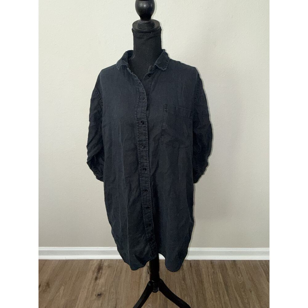 Quince Womens Medium Navy 100% Linen Button Down Shirt Midi Dress Long Sleeve